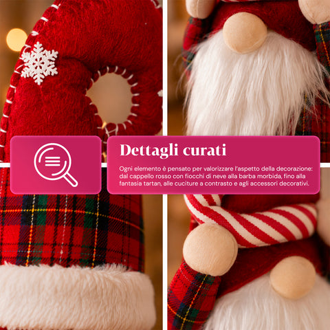Weihnachtswichtel ausziehbar 80 cm mit roter Mütze und Schneeflocken – Weihnachtsdekoration aus Tartan-Stoff mit verstellbarer Struktur