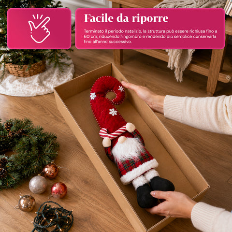 Weihnachtswichtel ausziehbar 80 cm mit roter Mütze und Schneeflocken – Weihnachtsdekoration aus Tartan-Stoff mit verstellbarer Struktur