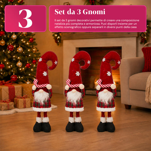 Weihnachtswichtel ausziehbar 80 cm mit roter Mütze und Schneeflocken – Weihnachtsdekoration aus Tartan-Stoff mit verstellbarer Struktur