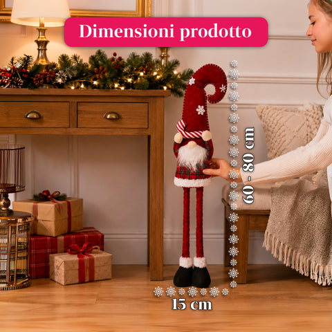 Weihnachtswichtel ausziehbar 80 cm mit roter Mütze und Schneeflocken – Weihnachtsdekoration aus Tartan-Stoff mit verstellbarer Struktur