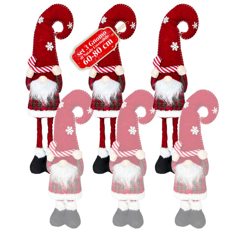 Weihnachtswichtel ausziehbar 80 cm mit roter Mütze und Schneeflocken – Weihnachtsdekoration aus Tartan-Stoff mit verstellbarer Struktur