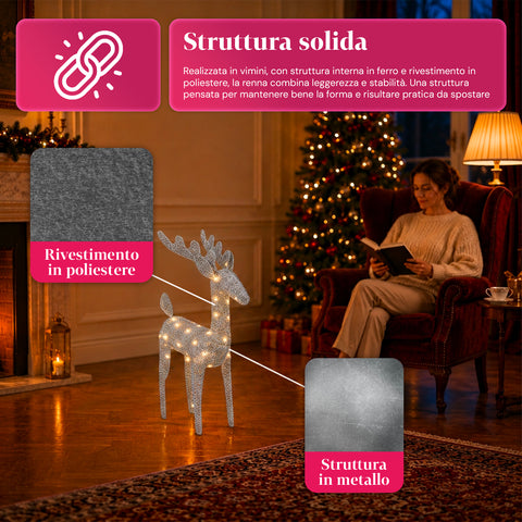 Rentier, leuchtend, 90 cm, Glitzer, mit warmweißen LEDs | Weihnachtsdekoration aus Weidengeflecht – 2 Ausführungen, 3 Farben