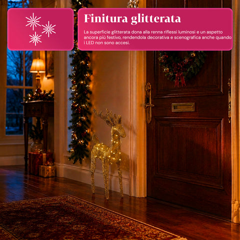 Rentier, leuchtend, 90 cm, Glitzer, mit warmweißen LEDs | Weihnachtsdekoration aus Weidengeflecht – 2 Ausführungen, 3 Farben