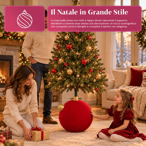Weihnachtsbaumständer in Form einer großen Kugel mit Samteffekt, 41x41x44 cm, für Bäume bis 180 cm – Baumständer-Abdeckung mit Ø-4-cm-Halterung, Bordeauxrot und Grün