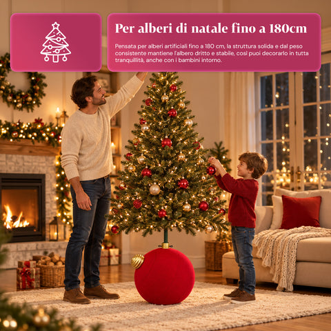 Weihnachtsbaumständer in Form einer großen Kugel mit Samteffekt, 41x41x44 cm, für Bäume bis 180 cm – Baumständer-Abdeckung mit Ø-4-cm-Halterung, Bordeauxrot und Grün