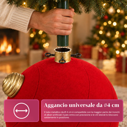 Weihnachtsbaumständer in Form einer großen Kugel mit Samteffekt, 41x41x44 cm, für Bäume bis 180 cm – Baumständer-Abdeckung mit Ø-4-cm-Halterung, Bordeauxrot und Grün