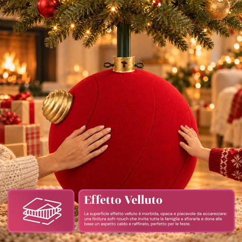 Weihnachtsbaumständer in Form einer großen Kugel mit Samteffekt, 41x41x44 cm, für Bäume bis 180 cm – Baumständer-Abdeckung mit Ø-4-cm-Halterung, Bordeauxrot und Grün