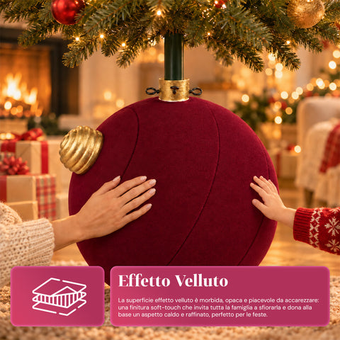 Weihnachtsbaumständer in Form einer großen Kugel mit Samteffekt, 41x41x44 cm, für Bäume bis 180 cm – Baumständer-Abdeckung mit Ø-4-cm-Halterung, Bordeauxrot und Grün