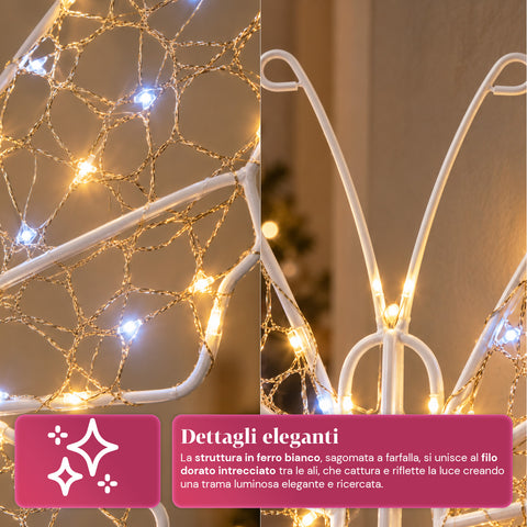 Farfalla Luminosa LED Bianca 50x40 cm – Lampada Decorativa in Ferro con Filo Dorato, Luci Bianche Calde e Fredde, Alimentazione USB e Gancio