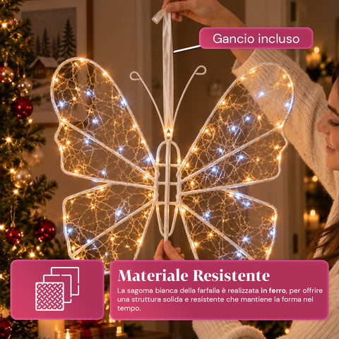 Farfalla Luminosa LED Bianca 50x40 cm – Lampada Decorativa in Ferro con Filo Dorato, Luci Bianche Calde e Fredde, Alimentazione USB e Gancio
