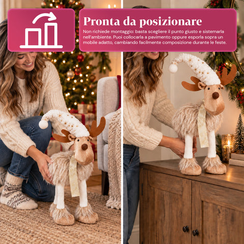 Großes Weihnachtsrentier 63 cm aus weichem Plüsch – Weihnachtsdekoration mit beschwerten Pfoten | 4 Farben