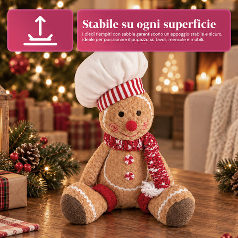Lebkuchenmann Ginger aus Plüsch 30 und 40 cm – Weihnachtsdekoration mit Kochmütze oder Weihnachtsmütze
