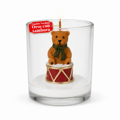 Weihnachtskerze im Glas 7 cm - Bärchen mit Weihnachtsmannmütze oder Bär auf Trommel - Dekoration und Tischdeko