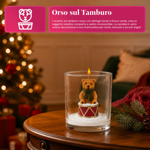 Weihnachtskerze im Glas 7 cm - Bärchen mit Weihnachtsmannmütze oder Bär auf Trommel - Dekoration und Tischdeko