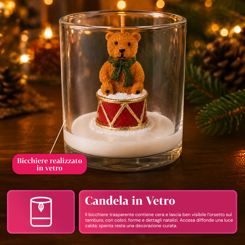 Weihnachtskerze im Glas 7 cm - Bärchen mit Weihnachtsmannmütze oder Bär auf Trommel - Dekoration und Tischdeko