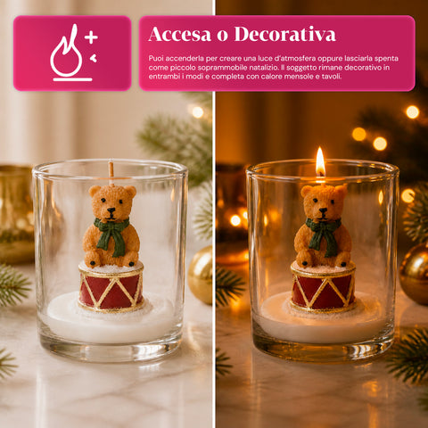 Weihnachtskerze im Glas 7 cm - Bärchen mit Weihnachtsmannmütze oder Bär auf Trommel - Dekoration und Tischdeko