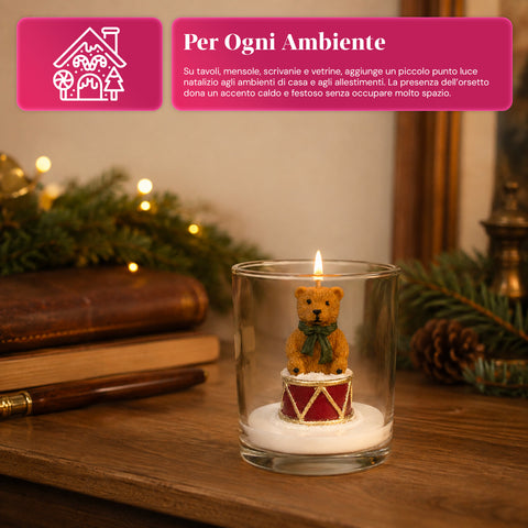Weihnachtskerze im Glas 7 cm - Bärchen mit Weihnachtsmannmütze oder Bär auf Trommel - Dekoration und Tischdeko