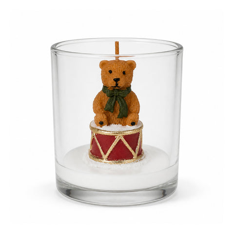 Weihnachtskerze im Glas 7 cm - Bärchen mit Weihnachtsmannmütze oder Bär auf Trommel - Dekoration und Tischdeko