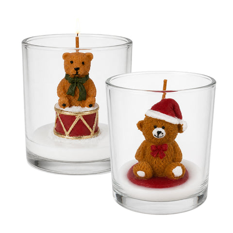 Weihnachtskerze im 7 cm hohen Glas mit verschiedenen Bärchen