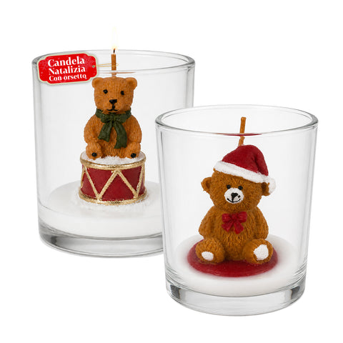 Weihnachtskerze im 7 cm hohen Glas mit verschiedenen Bärchen