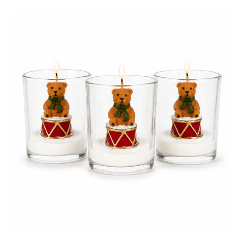 Weihnachtskerze im Glas 7 cm - Bärchen mit Weihnachtsmannmütze oder Bär auf Trommel - Dekoration und Tischdeko