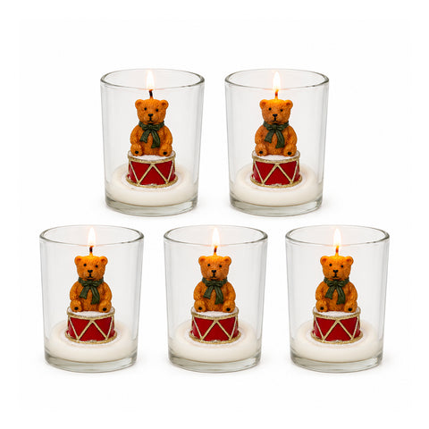 Weihnachtskerze im Glas 7 cm - Bärchen mit Weihnachtsmannmütze oder Bär auf Trommel - Dekoration und Tischdeko