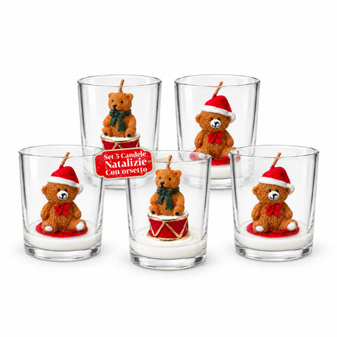 Weihnachtskerze im 7 cm hohen Glas mit verschiedenen Bärchen