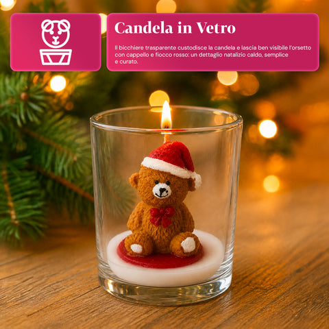 Weihnachtskerze im Glas 7 cm - Bärchen mit Weihnachtsmannmütze oder Bär auf Trommel - Dekoration und Tischdeko