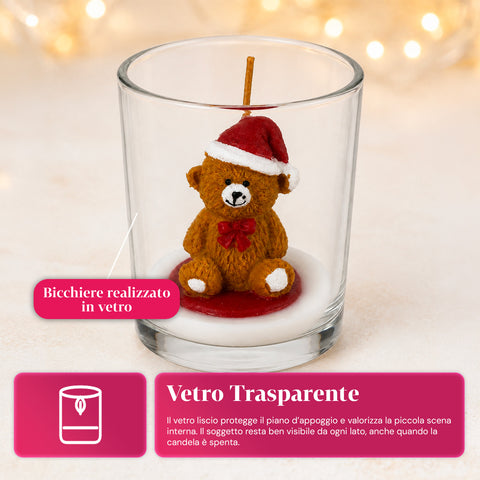 Weihnachtskerze im Glas 7 cm - Bärchen mit Weihnachtsmannmütze oder Bär auf Trommel - Dekoration und Tischdeko