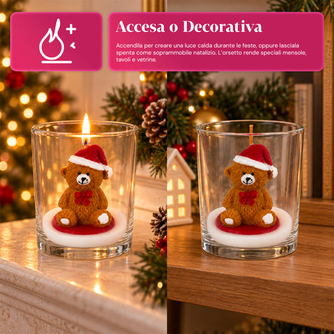 Weihnachtskerze im Glas 7 cm - Bärchen mit Weihnachtsmannmütze oder Bär auf Trommel - Dekoration und Tischdeko
