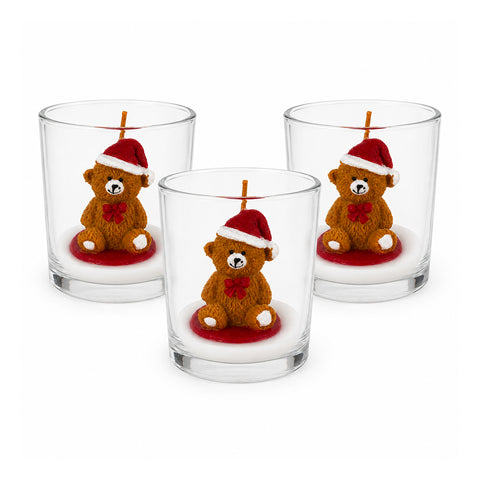 Weihnachtskerze im Glas 7 cm - Bärchen mit Weihnachtsmannmütze oder Bär auf Trommel - Dekoration und Tischdeko
