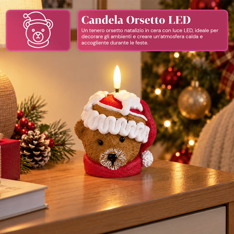 LED-Weihnachtskerze mit Batterie in 3 Varianten – Weihnachtsmann mit Baum, Bärchen und Bärengesicht, Flamme mit echtem Effekt, Weihnachtsdekoration