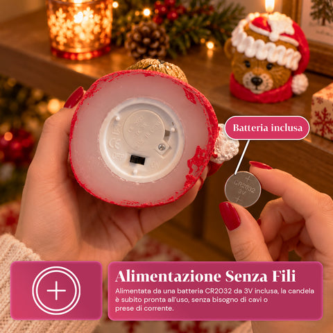 LED-Weihnachtskerze mit Batterie in 3 Varianten – Weihnachtsmann mit Baum, Bärchen und Bärengesicht, Flamme mit echtem Effekt, Weihnachtsdekoration