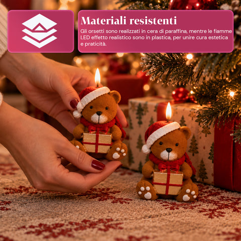 LED-Weihnachtskerze mit Batterie in 3 Varianten – Weihnachtsmann mit Baum, Bärchen und Bärengesicht, Flamme mit echtem Effekt, Weihnachtsdekoration