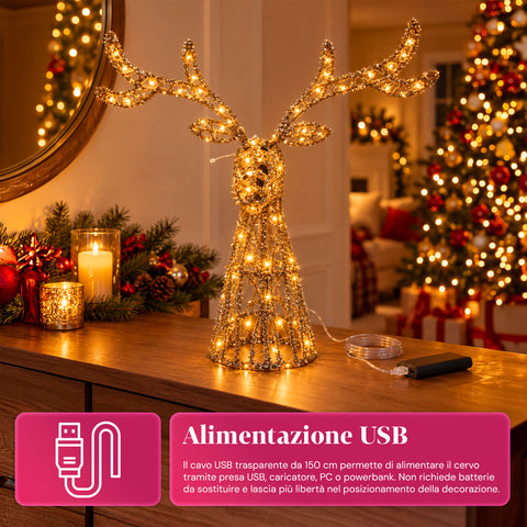 Leuchtender LED-Hirsch mit goldfarbenem Glitzer, Weihnachtsdekoration aus Eisen und Polyethylen, warmweißes USB-Licht, 3 Größen: 65, 85 und 110 cm