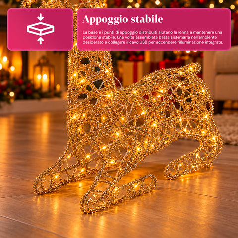 Leuchtender LED-Hirsch mit goldfarbenem Glitzer, Weihnachtsdekoration aus Eisen und Polyethylen, warmweißes USB-Licht, 3 Größen: 65, 85 und 110 cm