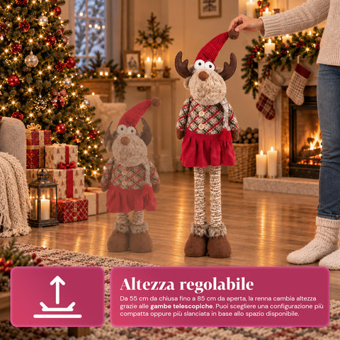 Dekoratives ausziehbares Weihnachtstier 55–85 cm – Weihnachtsschmuck mit Teleskopbeinen, Metallrahmen, Polyester, 4 Stilvarianten