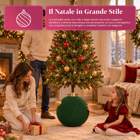 Weihnachtsbaumständer in Form einer großen Kugel mit Samteffekt, 41x41x44 cm, für Bäume bis 180 cm – Baumständer-Abdeckung mit Ø-4-cm-Halterung, Bordeauxrot und Grün