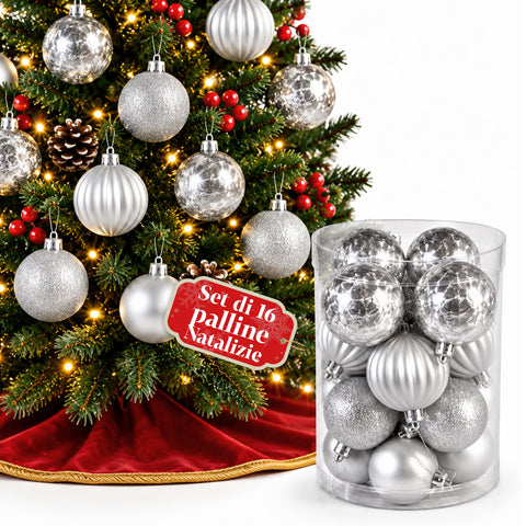 Set mit 16 bruchsicheren Weihnachtskugeln, 7 cm – 4 verschiedene glänzende, matte und glitzernde Oberflächen – Christbaum- und Wohndekoration – Rot, Gold, Silber