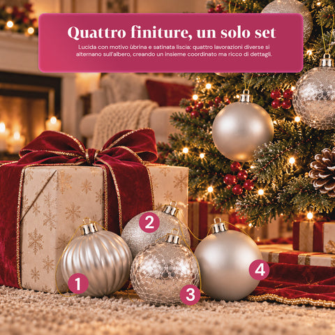 Set mit 16 bruchsicheren Weihnachtskugeln, 7 cm – 4 verschiedene glänzende, matte und glitzernde Oberflächen – Christbaum- und Wohndekoration – Rot, Gold, Silber