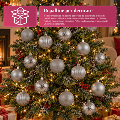 Set mit 16 bruchsicheren Weihnachtskugeln, 7 cm – 4 verschiedene glänzende, matte und glitzernde Oberflächen – Christbaum- und Wohndekoration – Rot, Gold, Silber