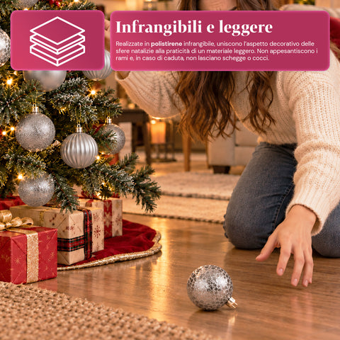 Set mit 16 bruchsicheren Weihnachtskugeln, 7 cm – 4 verschiedene glänzende, matte und glitzernde Oberflächen – Christbaum- und Wohndekoration – Rot, Gold, Silber