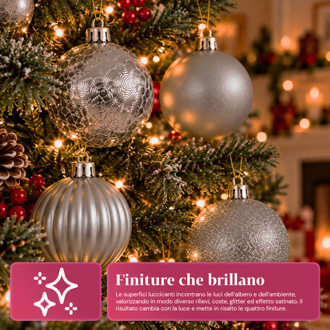 Set mit 16 bruchsicheren Weihnachtskugeln, 7 cm – 4 verschiedene glänzende, matte und glitzernde Oberflächen – Christbaum- und Wohndekoration – Rot, Gold, Silber