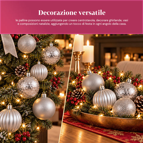 Set mit 16 bruchsicheren Weihnachtskugeln, 7 cm – 4 verschiedene glänzende, matte und glitzernde Oberflächen – Christbaum- und Wohndekoration – Rot, Gold, Silber
