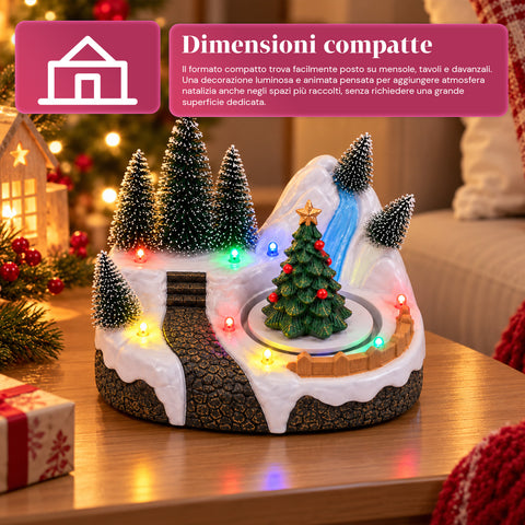 Beleuchtetes Weihnachtsdorf mit drehendem Element, LED-Lichtern und Musik – 3 Varianten: Baum, Weihnachtsmann, Kinder – 17x14x15 cm