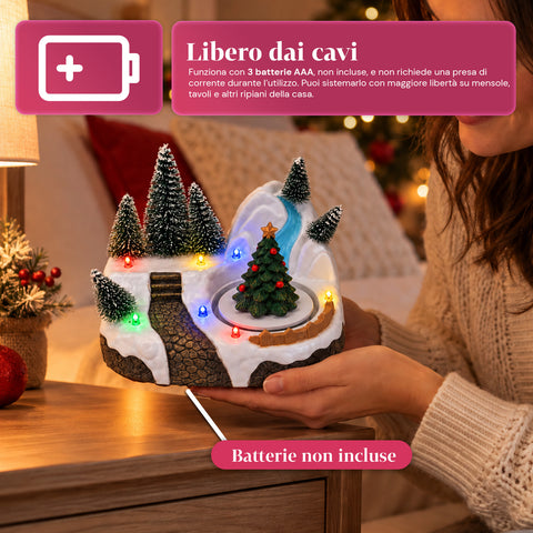 Beleuchtetes Weihnachtsdorf mit drehendem Element, LED-Lichtern und Musik – 3 Varianten: Baum, Weihnachtsmann, Kinder – 17x14x15 cm