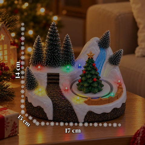 Beleuchtetes Weihnachtsdorf mit drehendem Element, LED-Lichtern und Musik – 3 Varianten: Baum, Weihnachtsmann, Kinder – 17x14x15 cm
