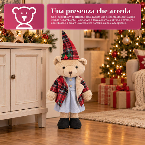 Dekorativer Weihnachtsbär 85 cm, Plüschtier als Wohnaccessoire mit Schottenmütze und -kleidung, stabile Basis, rotes oder braunes Tartanmuster
