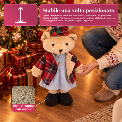 Dekorativer Weihnachtsbär 85 cm, Plüschtier als Wohnaccessoire mit Schottenmütze und -kleidung, stabile Basis, rotes oder braunes Tartanmuster