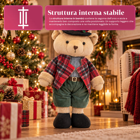 Dekorativer Weihnachtsbär 85 cm, Plüschtier als Wohnaccessoire mit Schottenmütze und -kleidung, stabile Basis, rotes oder braunes Tartanmuster